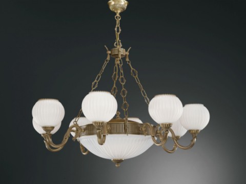 11 lights brass chandelier with white striped blown glass facing upward