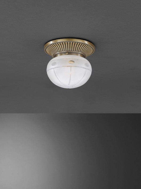 Brass ceiling light with spheric frosted cut glass
