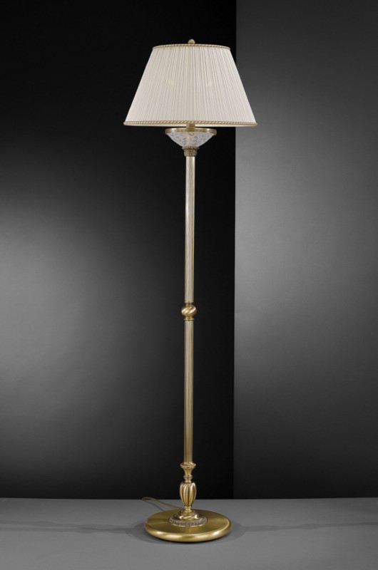 Brass floor lamp with decorated frosted glass and fabric shade