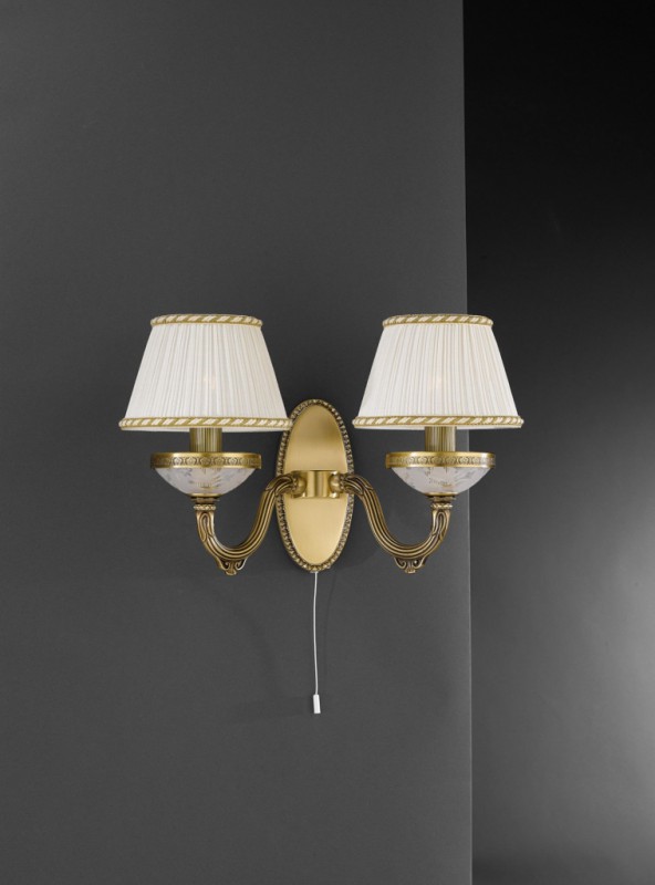 2 light brass and frosted glass wall sconce with lamp shade