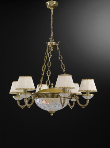 9 lights brass and frosted glass chandelier with lamp shades
