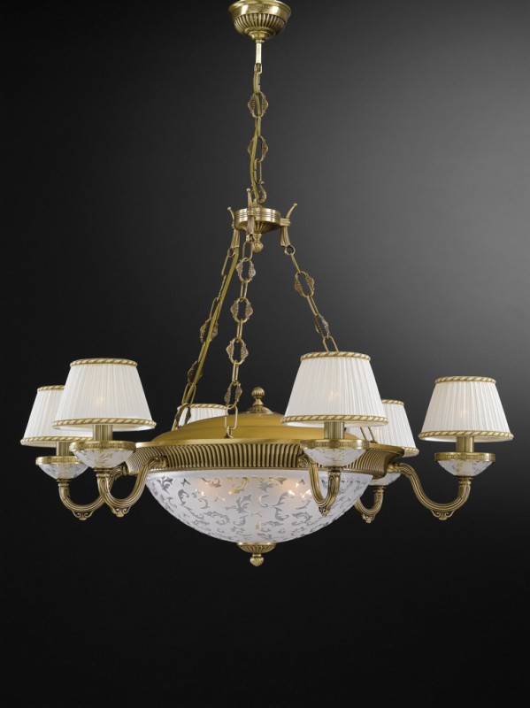 10 lights brass and frosted glass chandelier with lamp shades