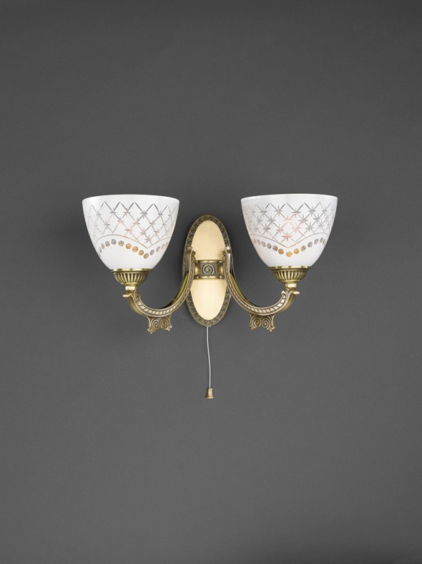 2 lights brass wall sconce with white engraved glass facing upward