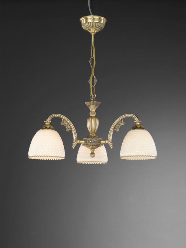 Lampadario in ottone color bronzo con vetro avorio, 3 luci