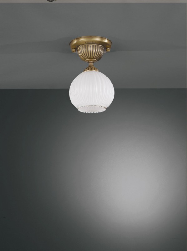 Brass ceiling light with spheric white striped blown glass