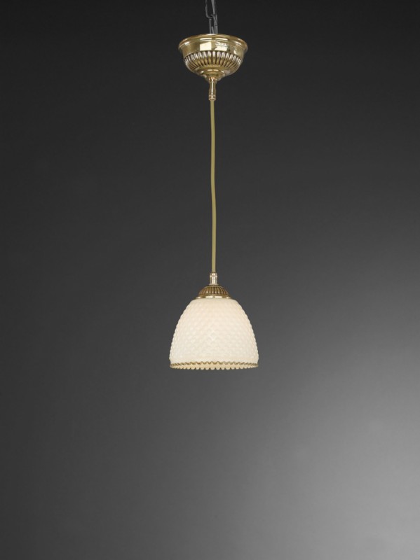 Golden brass pendant light with ivory glass 14 cm