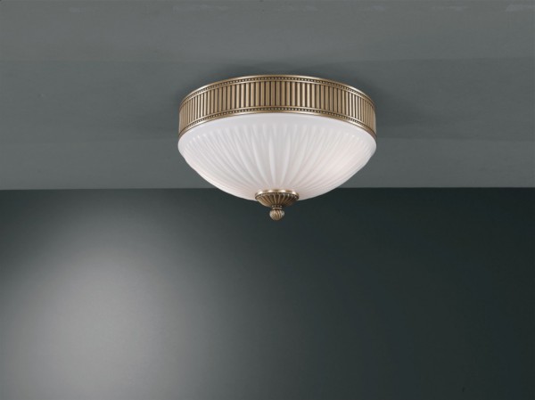 Brass ceiling light with white striped blown glass 31 cm