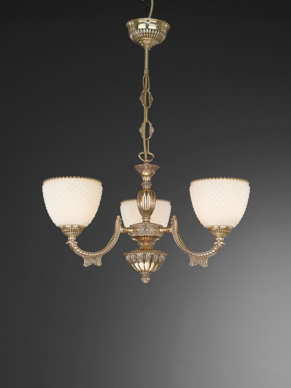 3 lights golden brass chandelier with ivory glass facing upward