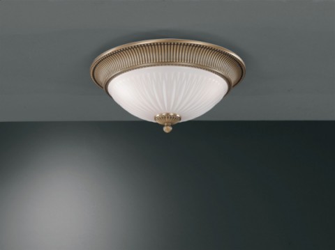 Brass ceiling light with white striped blown glass 41 cm