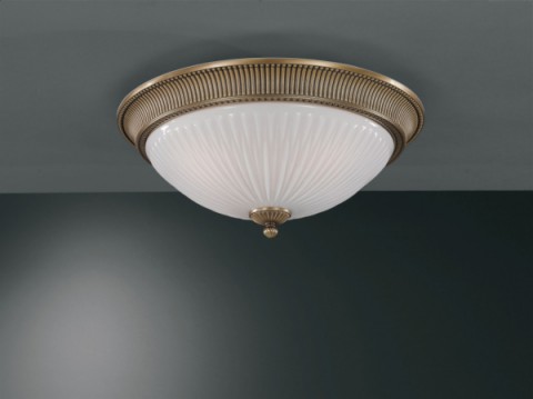 Brass ceiling light with white striped blown glass 51 cm