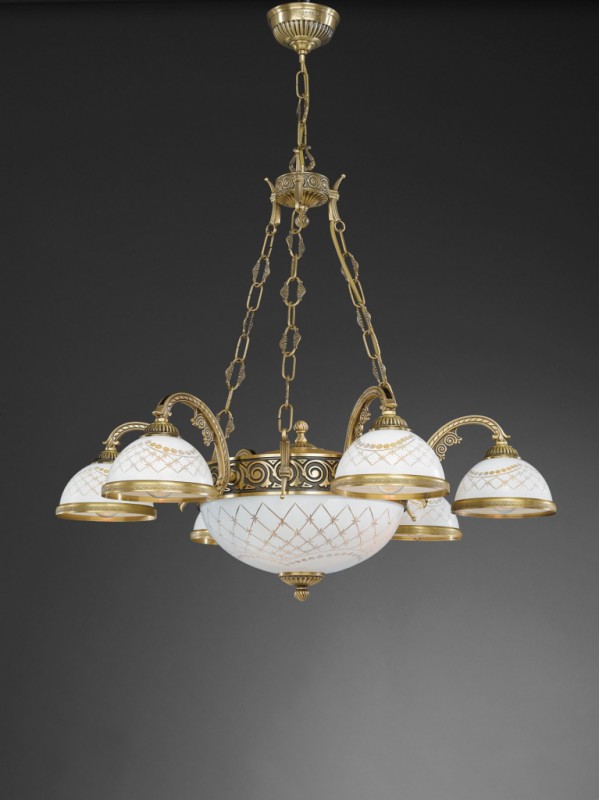 8 lights brass chandelier with engraved white glass