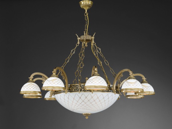 14 lights brass chandelier with engraved white glass
