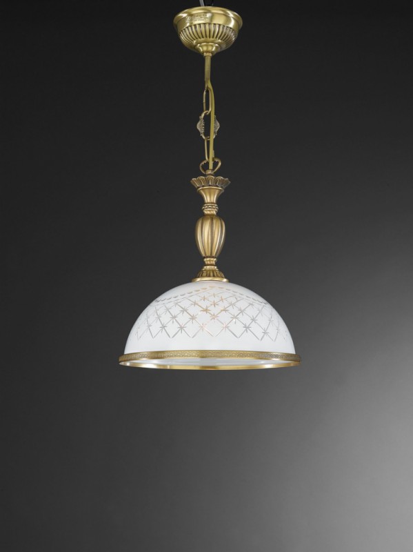 Brass pendant lamp with engraved white glass 28 cm