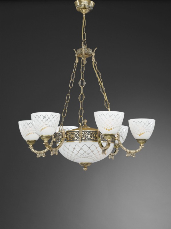 8 lights brass chandelier with white engraved glass facing upward