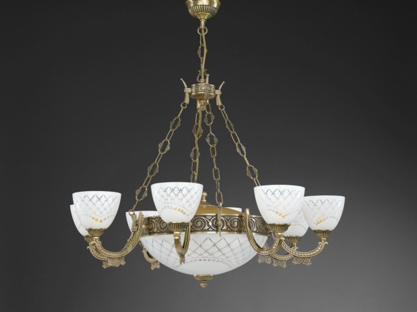 11 lights brass chandelier with white engraved glass facing upward