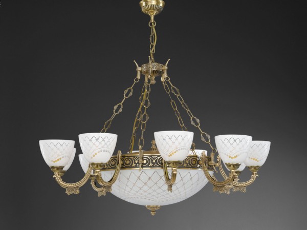 14 lights brass chandelier with white engraved glass facing upward