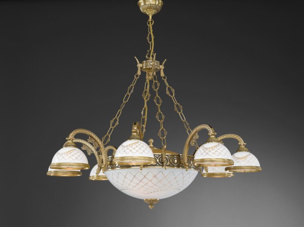 11 lights brass chandelier with engraved white glass