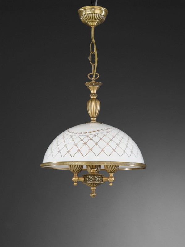 3 lights brass pendant lamp with engraved white glass 38 cm
