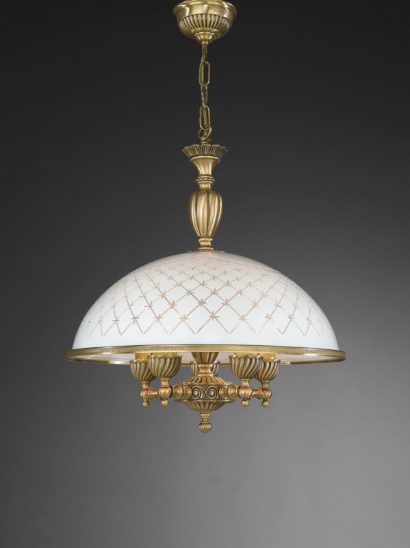 5 lights brass pendant lamp with engraved white glass 48 cm