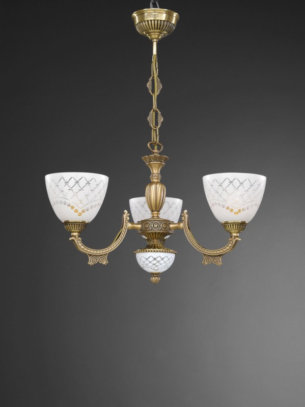 3 lights brass chandelier with white engraved glass facing upward