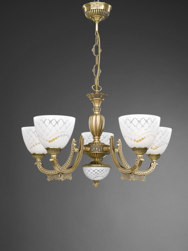 5 lights brass chandelier with white engraved glass facing upward