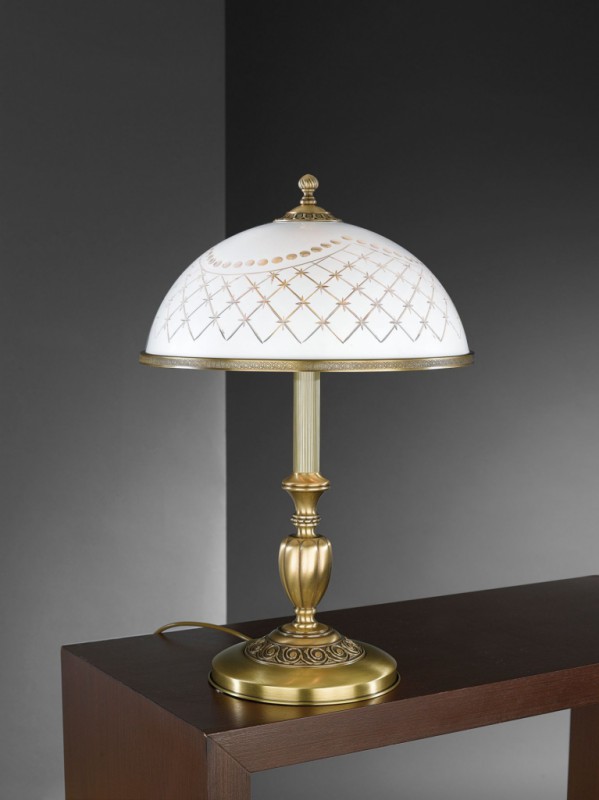 Large brass table lamp with white decorated glass