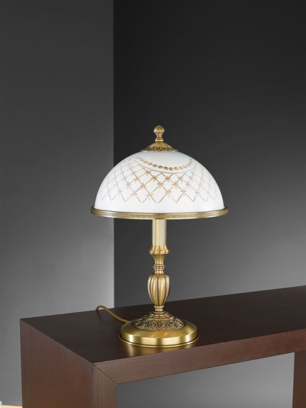 Brass table lamp with white decorated glass