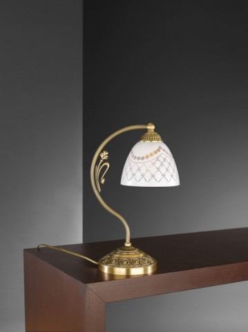 Brass bedside lamp with white engraved glass