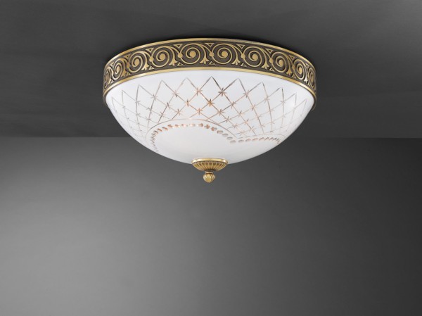 Brass ceiling light with white engraved glass 40 cm