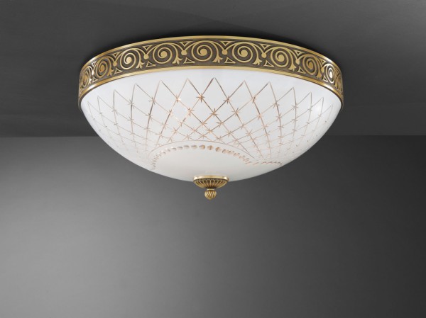 Brass ceiling light with white engraved glass 50 cm