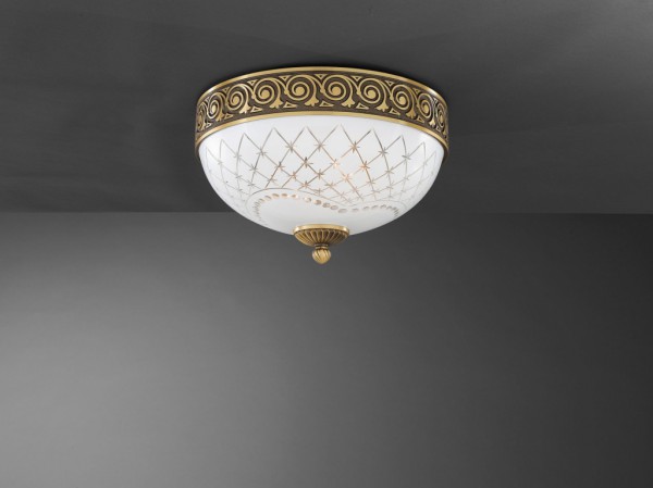 Brass ceiling light with white engraved glass 30 cm