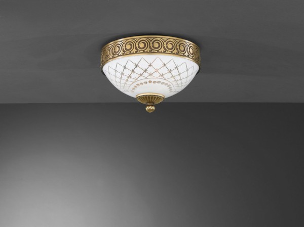 Brass ceiling light with white decorated glass 24 cm