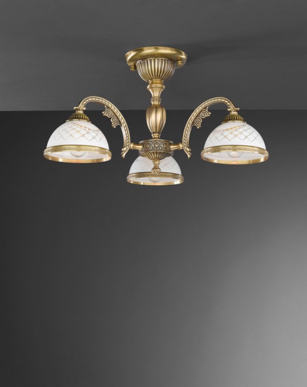 3 lights brass chandelier with white engraved glass