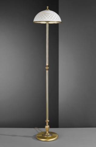 Brass floor lamp, with white decorated glass shade