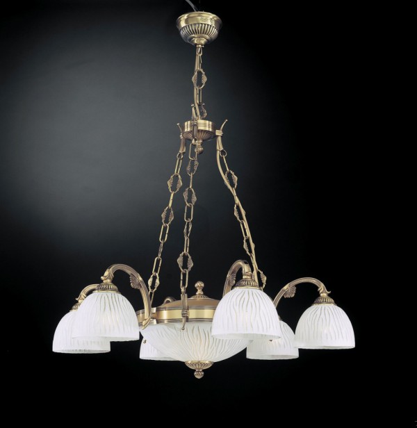 Classic brass chandelier with white striped glass 8 lights