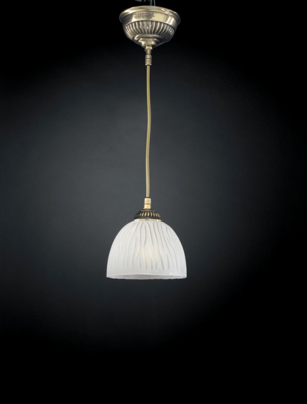 Brass pendant light with white striped blown glass 1 light 16 cm