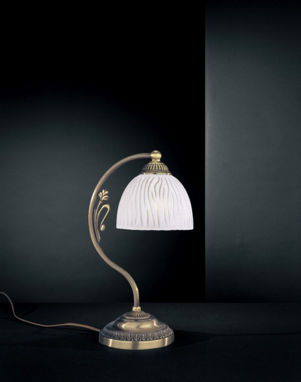 Brass bedside lamp with striped glass