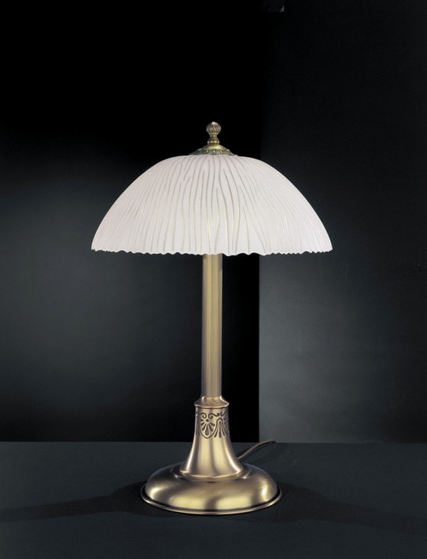 Tischlampe aus Messing mit Weiße Gestreifte Glas Lampenschirm