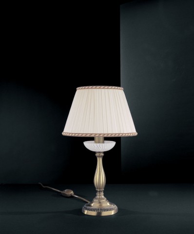 Brass bedside lamp with white striped glass and lamp shade