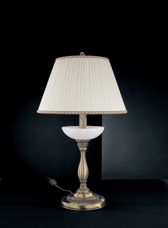 Brass table lamp with white striped glass and lamp shade