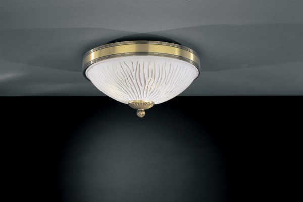 Brass ceiling light with white striped glass 30 cm