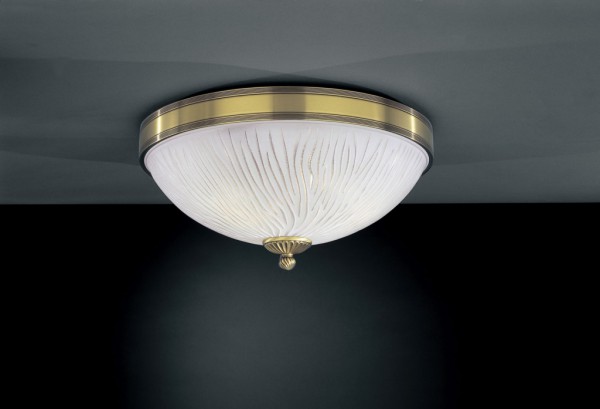 Brass ceiling light with white striped glass 40 cm