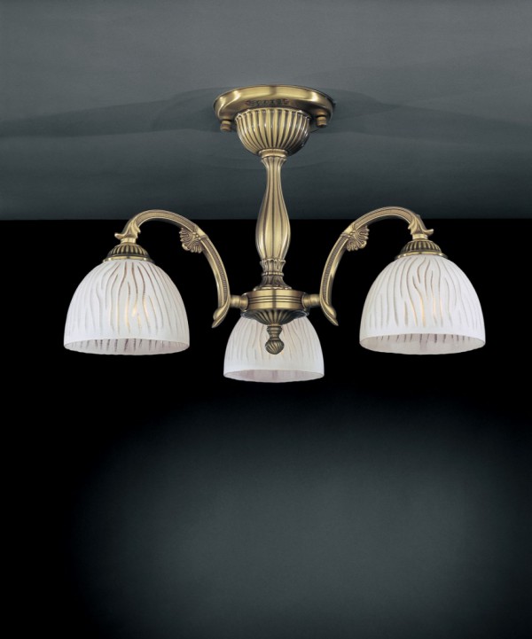 3 lights brass chandelier with white striped glass