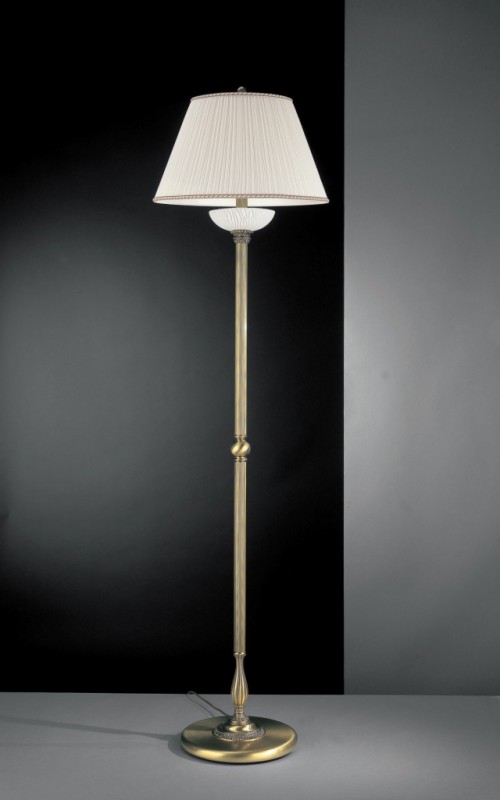 Brass floor lamp with white striped glass and fabric shade