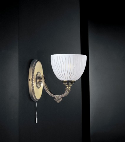 Brass wall sconce with white striped glass 1 light facing upward