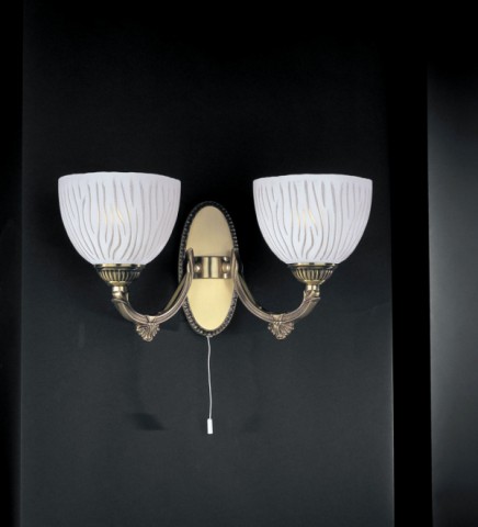 Brass wall sconce with white striped glass 2 lights facing upward