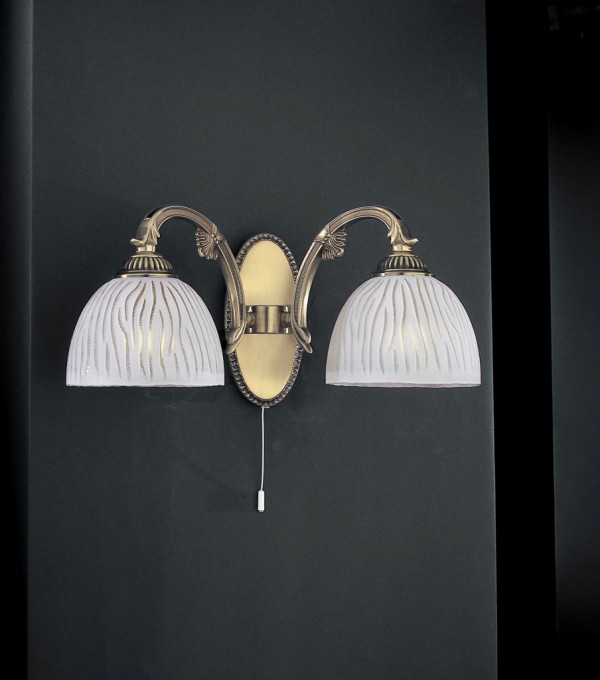 Brass wall sconce with white striped glass 2 lights