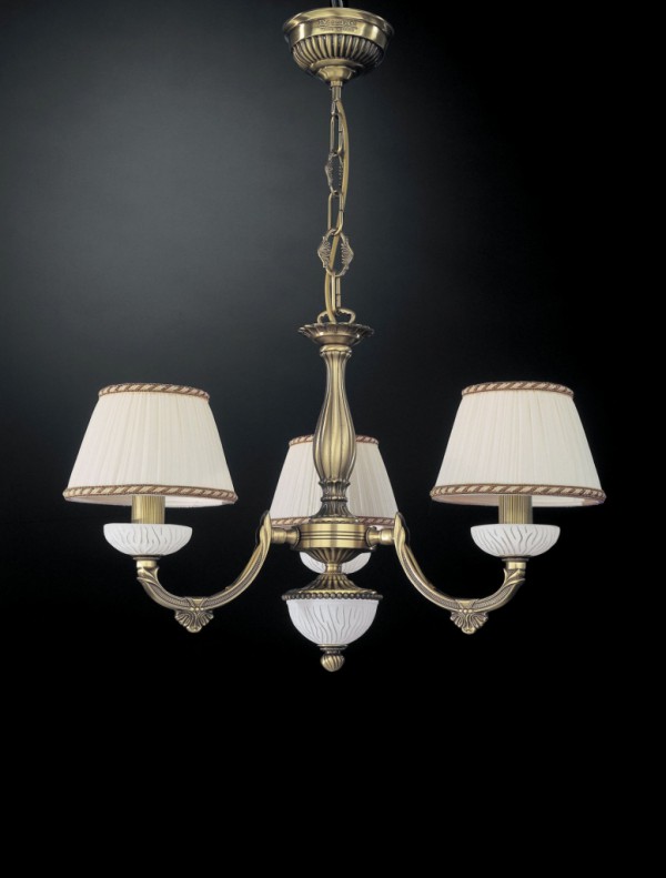 3 lights brass and white striped glass chandelier with lamp shades
