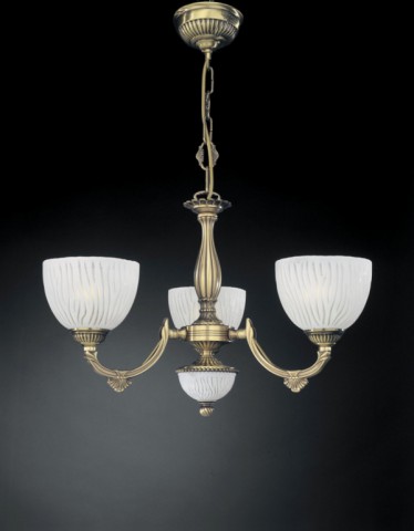 3 lights brass chandelier with white striped glass facing upward