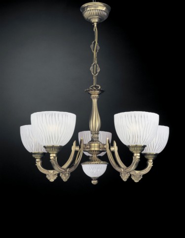 5 lights brass chandelier with white striped glass facing upward